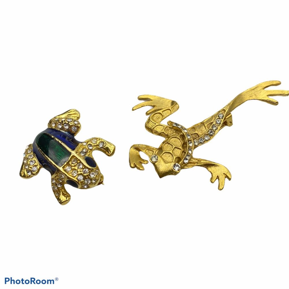Vintage Frog brooch pin lot of 2 enamel rhinestone